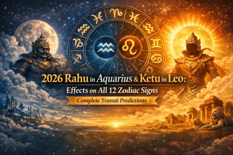 2026 Rahu in Aquarius and Ketu in Leo transit predictions featuring celestial zodiac wheel and vedic deities