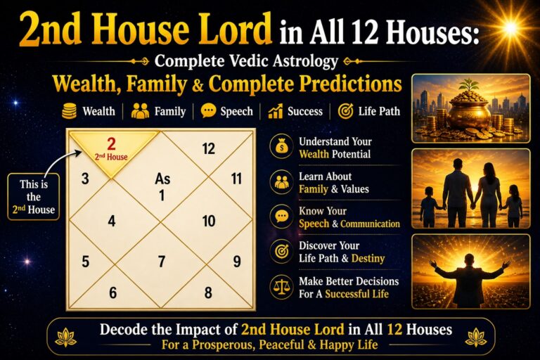 North Indian chart showing 2nd House Lord in all 12 houses with wealth, family, speech and life predictions in Vedic astrology