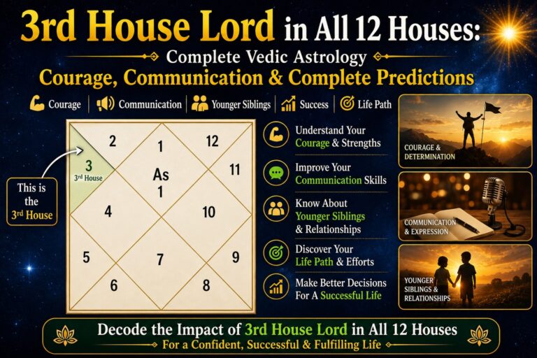3rd House Lord in All 12 Houses Vedic Astrology chart showing courage, communication, younger siblings, success and complete house lord predictions
