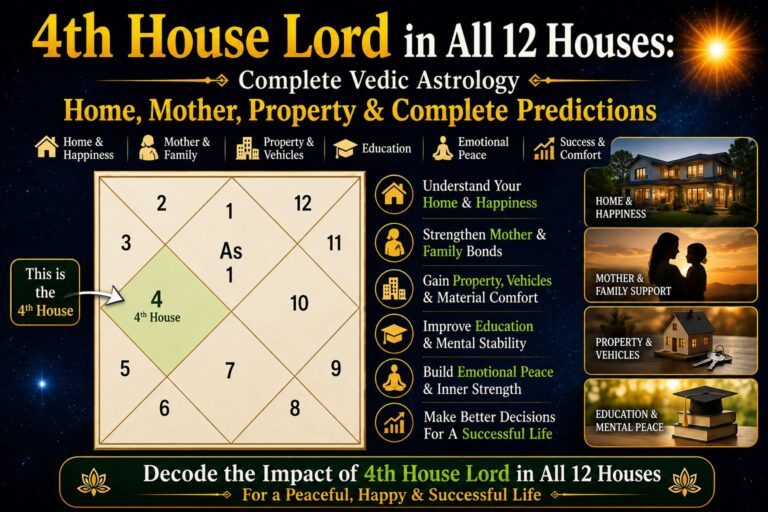 4th House Lord in All 12 Houses Vedic Astrology chart showing home, mother, property, education, emotional peace and complete house lord predictions