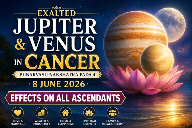 Exalted Jupiter and Venus conjunction in Cancer sign under Punarvasu Nakshatra Pada 4 on 8 June 2026 effects on all ascendants