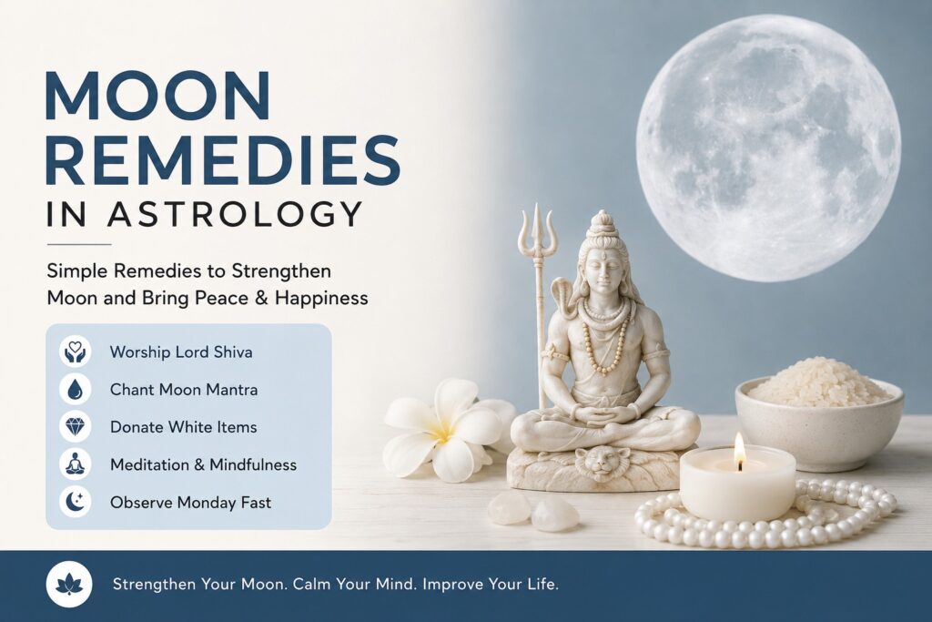 Moon Remedies in Astrology showing simple ways to strengthen a weak Moon through Lord Shiva worship, Moon mantra chanting, meditation, donations, and Monday fasting.