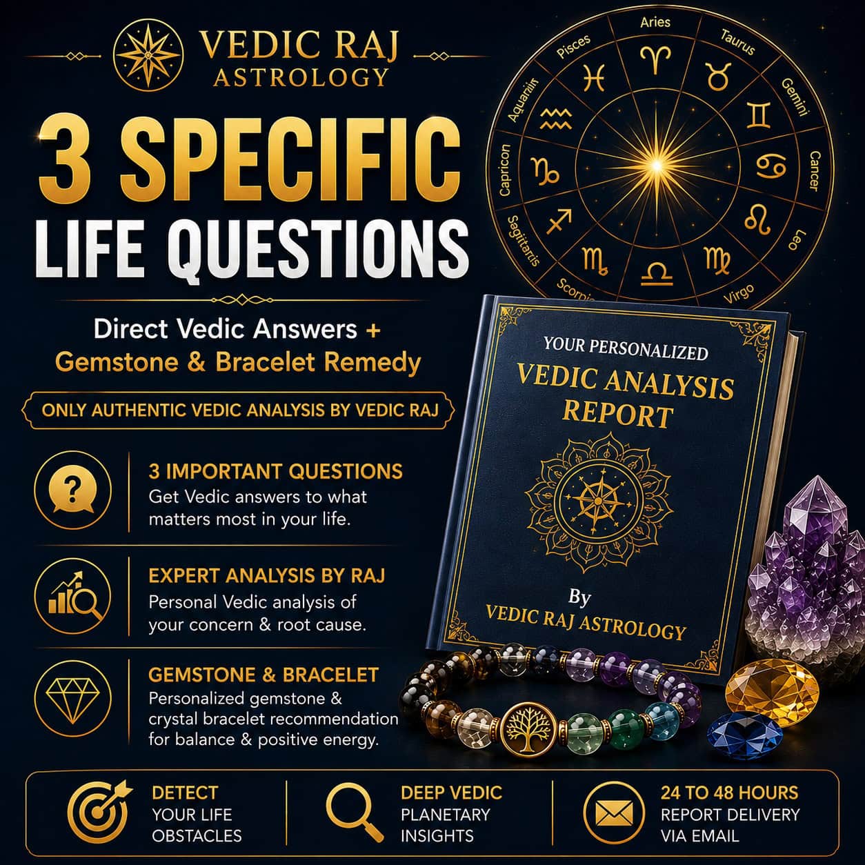 3 Core Specific Questions Vedic Astrology Consultation with Gemstone and Crystal Bracelet Remedy Guidance